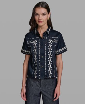 Petite Floral Embroidered Short-Sleeve Shirt