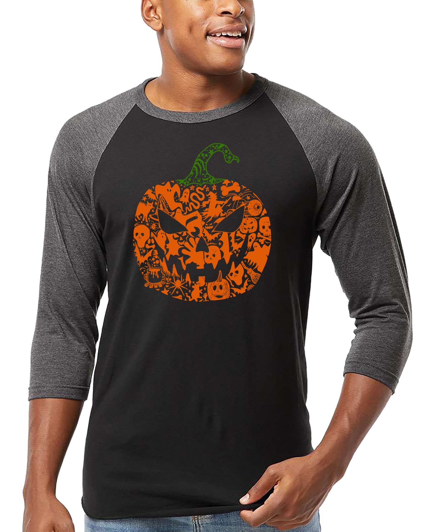 Мужская футболка LA Pop Art Halloween Pumpkin Word Art Raglan-Sleeve, цвет: Чёрный / Серый — фото 1