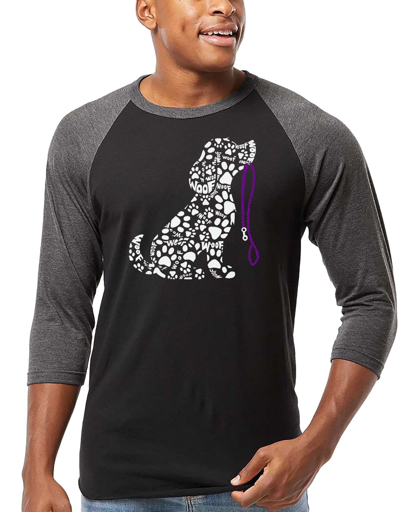 Мужская футболка LA Pop Art Dog Leash Word Art Raglan-Sleeve, цвет: Чёрный / Серый — фото 1
