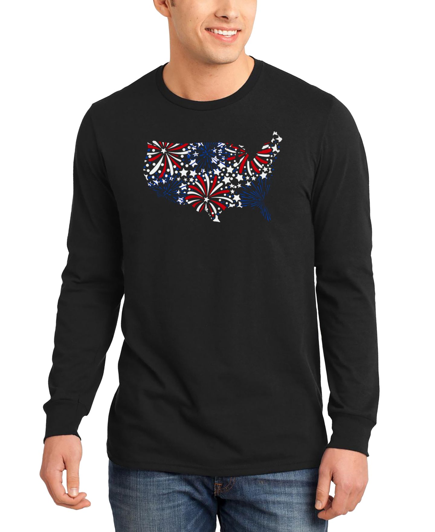 Мужская футболка LA Pop Art USA Fireworks and Stars Word Art Long-Sleeve, цвет: Чёрный — фото 1