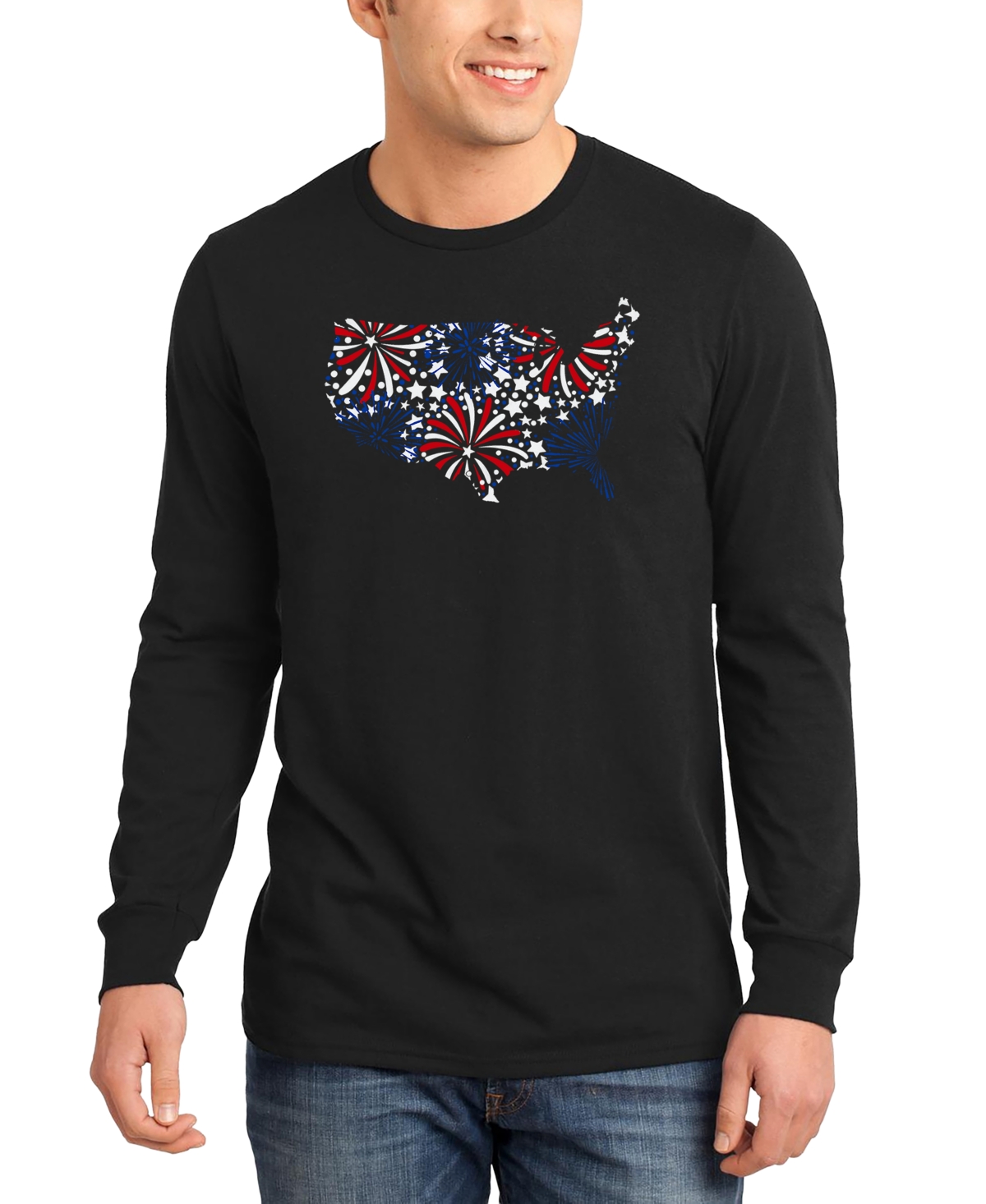 La Pop Art Men's Usa Fireworks and Stars Word Art Long-Sleeve T-Shirt - Black