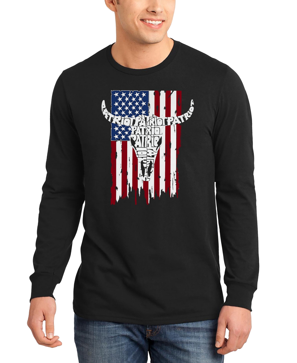 La Pop Art Men's Patriot Cow Skull American Flag Word Art Long-Sleeve T-Shirt - Black