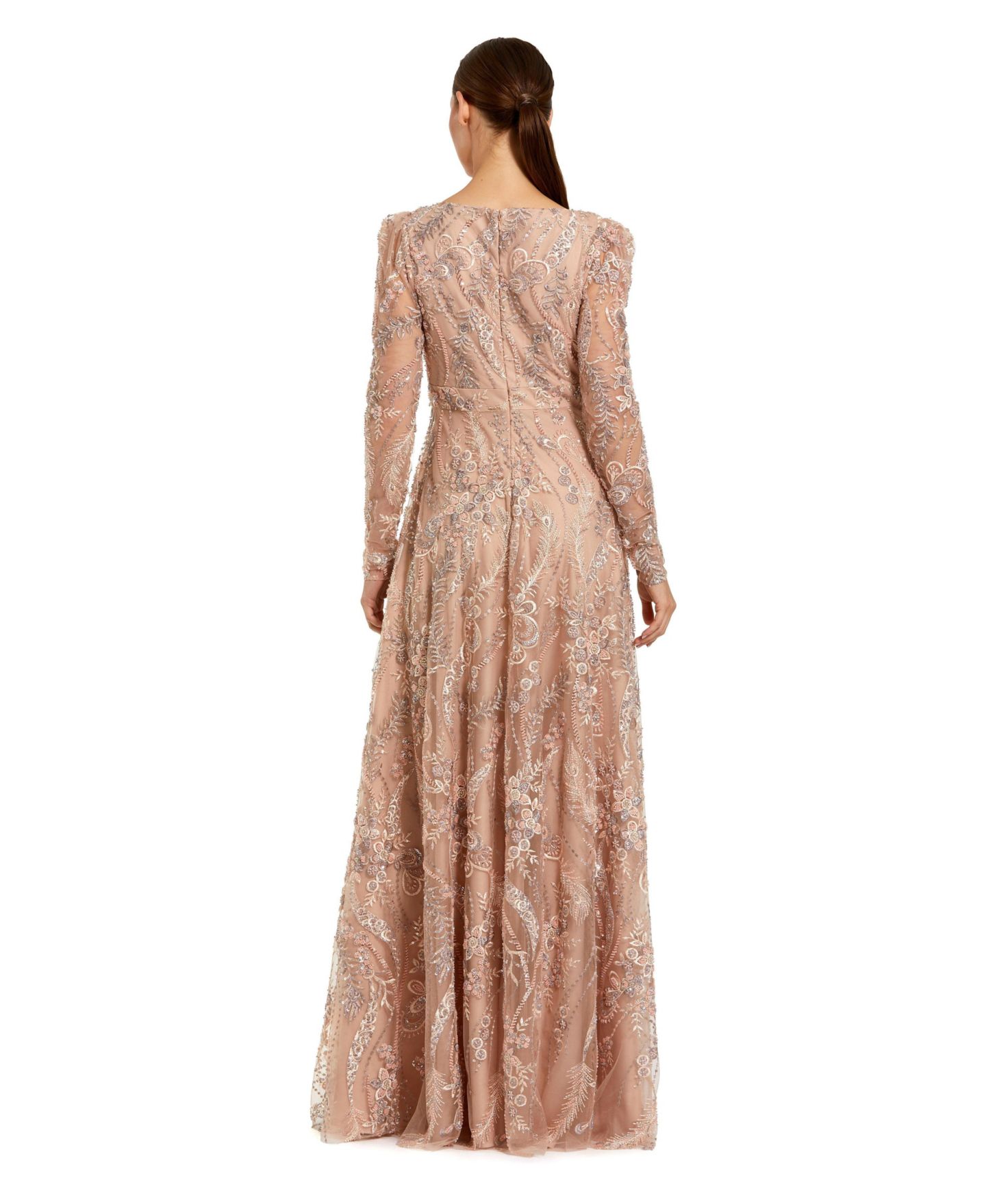 Женское платье Mac Duggal Floral Embroidered V Neck Long Sleeve Gown, цвет: Серо-коричневый — фото 2