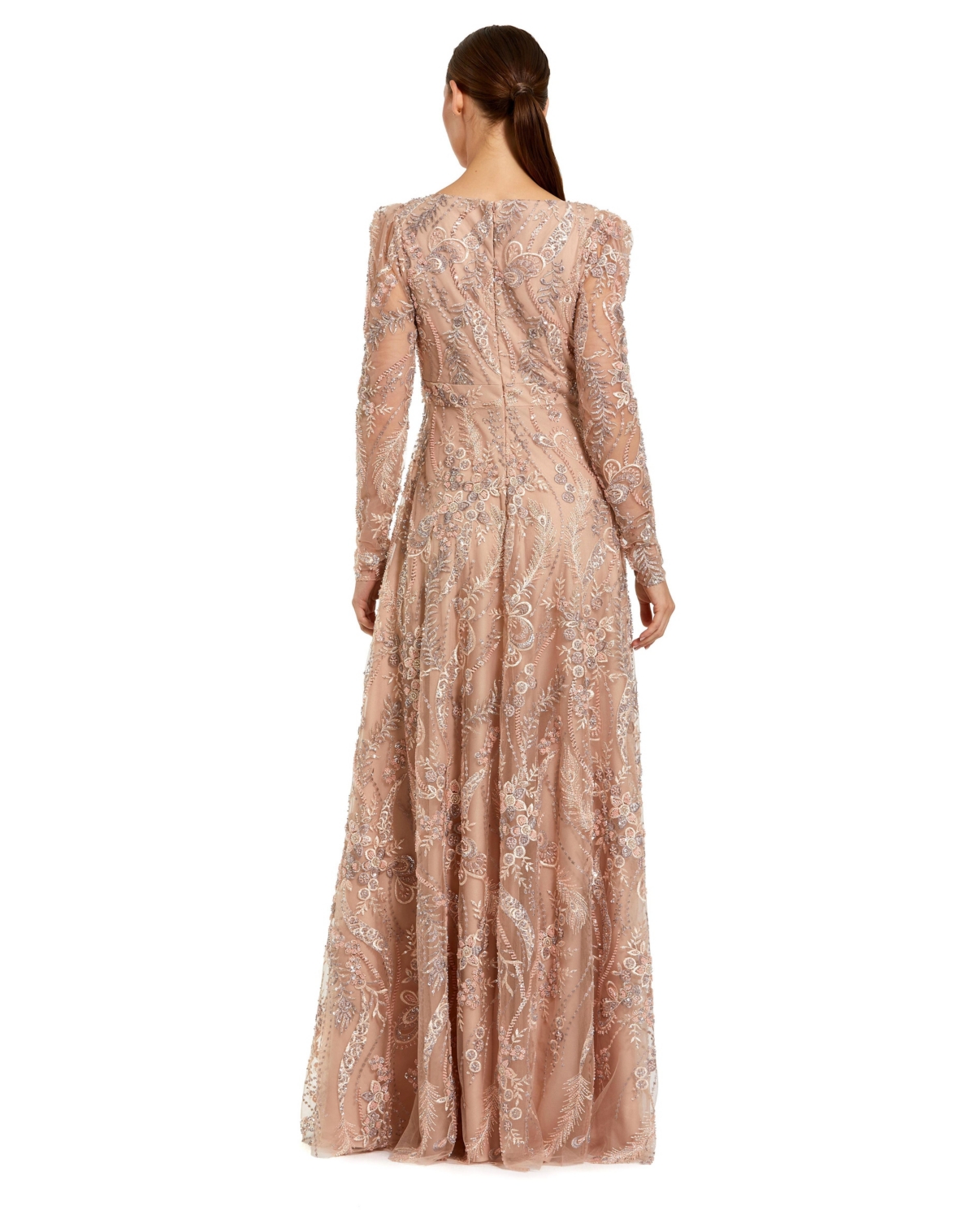 Mac Duggal Women's Floral Embroidered V Neck Long Sleeve Gown