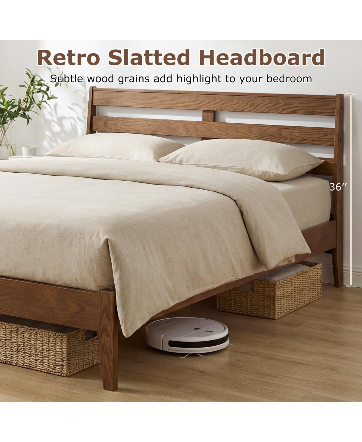 Slickblue Wooden Platform Bed Frame with Slatted Headboard