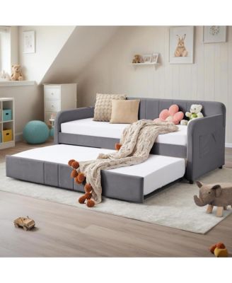 Twin Daybed with Trundle, Velvet Upholstered Sofa Bed Frame with USB Port, Side Pockets and Wood Slat Support for Living Room