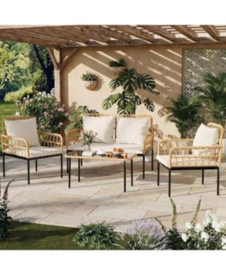 4-Piece Patio Seating Set with Glass Coffee Table,  Wicker and Cushions