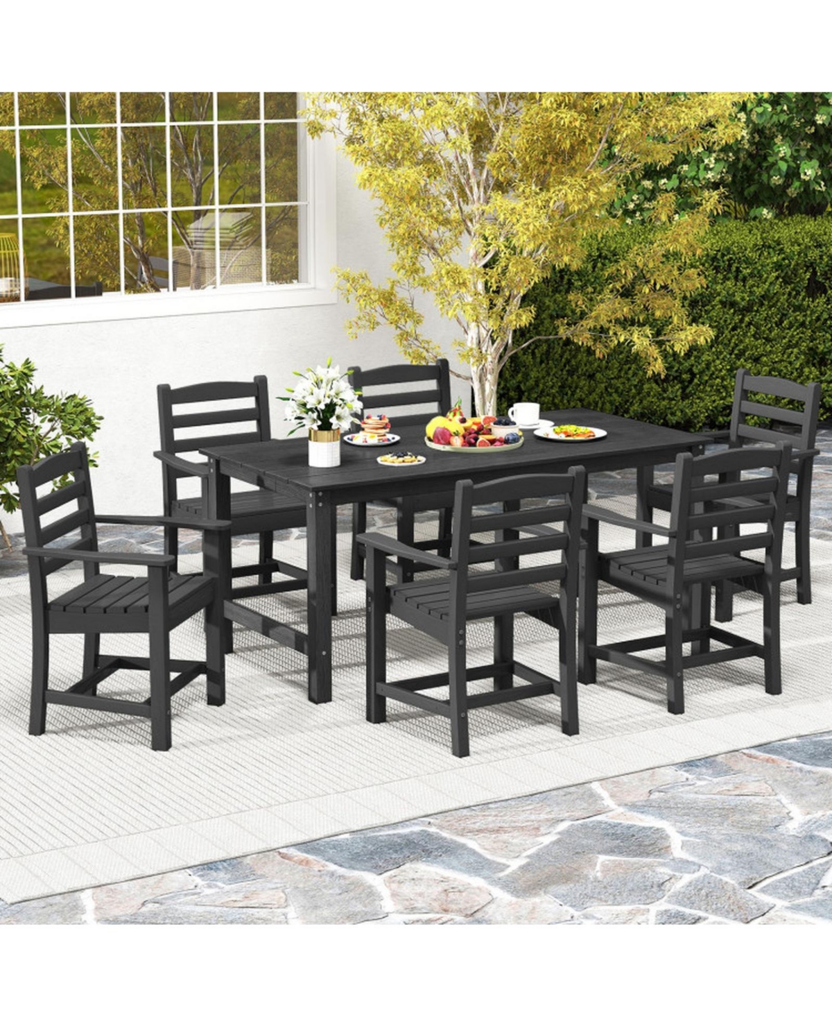 Gouun 67 in Hdpe Outdoor Patio Dining Table for 6 with Wood-Look Top and 1.77 in Umbrella Hole