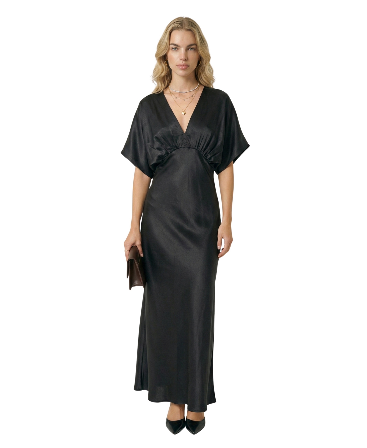 Modenaire Women's Deep V-Neck Empire Waist Maxi Dress