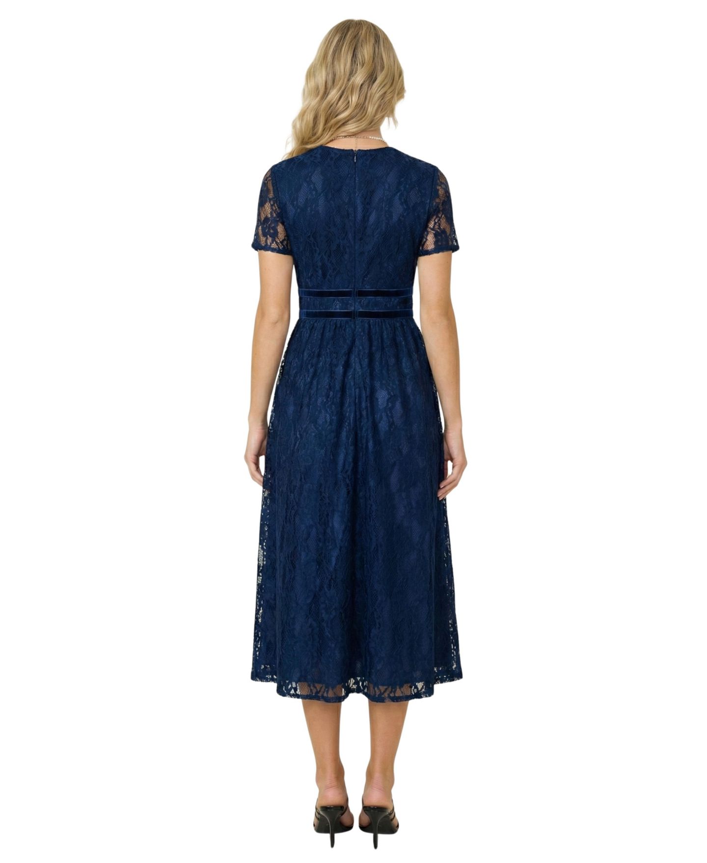Женское платье Modenaire Lace Midi Dress with Sheer Short Sleeves and Velvet Waistband, цвет: Тёмно-синий — фото 2