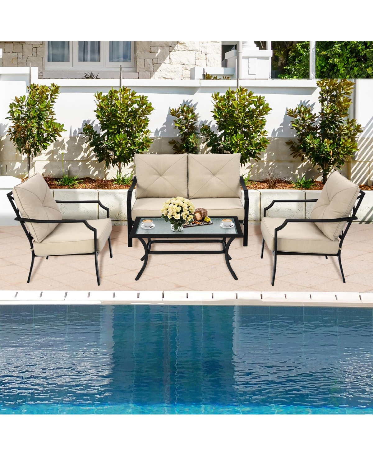 Costway 4 Pcs Patio Furniture Set Cushion Sofa Loveseat Sectional Garden Deck Poolside