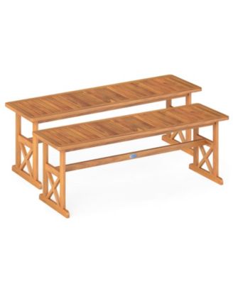 2 PCS 51 Inches Acacia Wood Outdoor Bench Slatted Seat and X-Shaped Frame