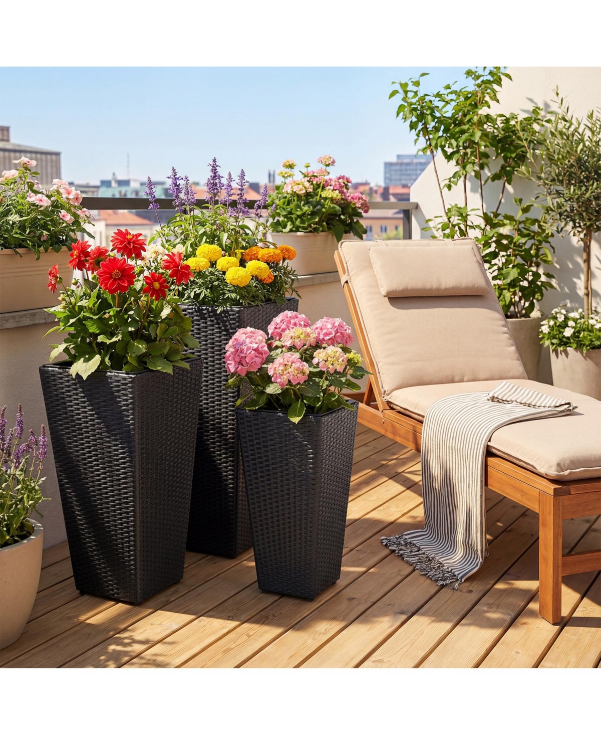 Gymax Set of 3 Rattan Plant Pots with Removable Plastic Liners Pre-Marked Drainage Holes