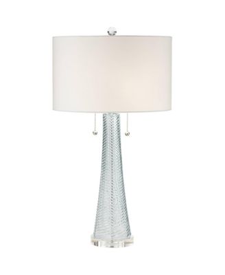 Modern Table Lamp 28 1/2" Tall with USB Dimmer Aqua Blue Swirl Fluted Glass Drum Shade for Bedroom Living Room House Bedside