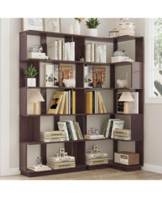 5 Tier L Shaped Bookcase, Modern Geometric Bookcase, Wood Corner Bookshelf, for Home Office, Living Room, Bedroom