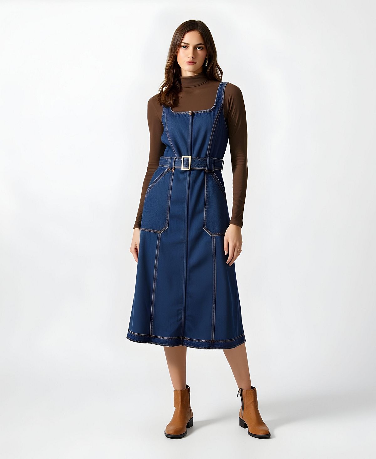Modenaire Women's Square-Neck Zip-Front Denim Midi Dress with Belt view 6 — MAYCSS fashion products