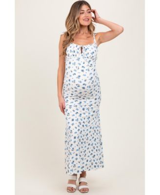 Maternity Blue Ribbed Floral Shoulder Tie Maxi Dress
