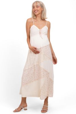 Maternity Cream Floral Sweetheart Neck Midi Dress