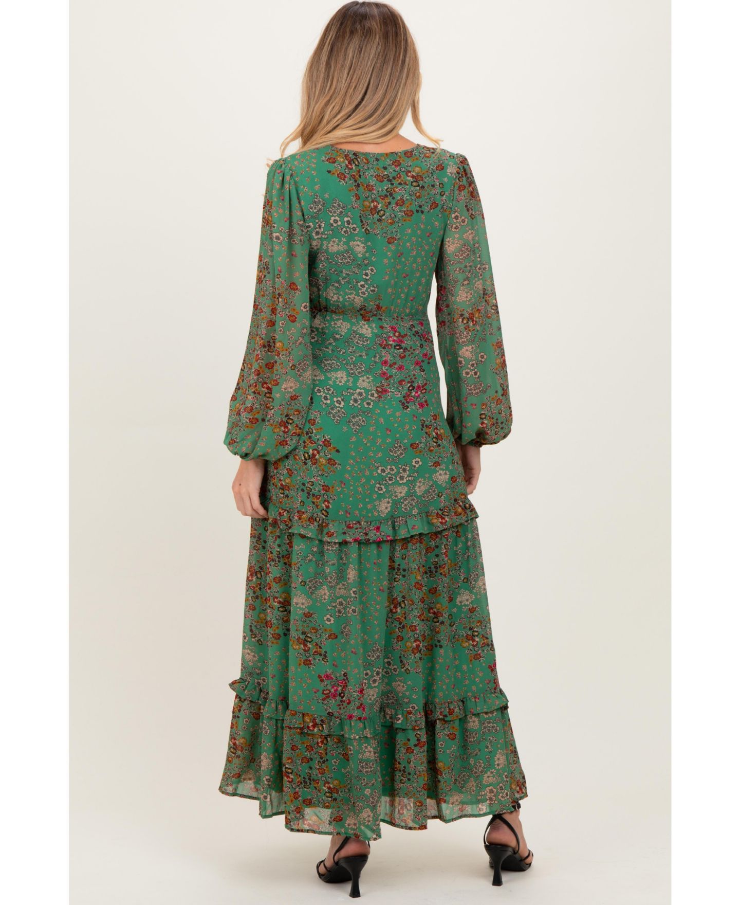 Женское платье Pinkblush Green Floral Chiffon V-Neck Long Sleeve Maxi, цвет: Зелёный — фото 4