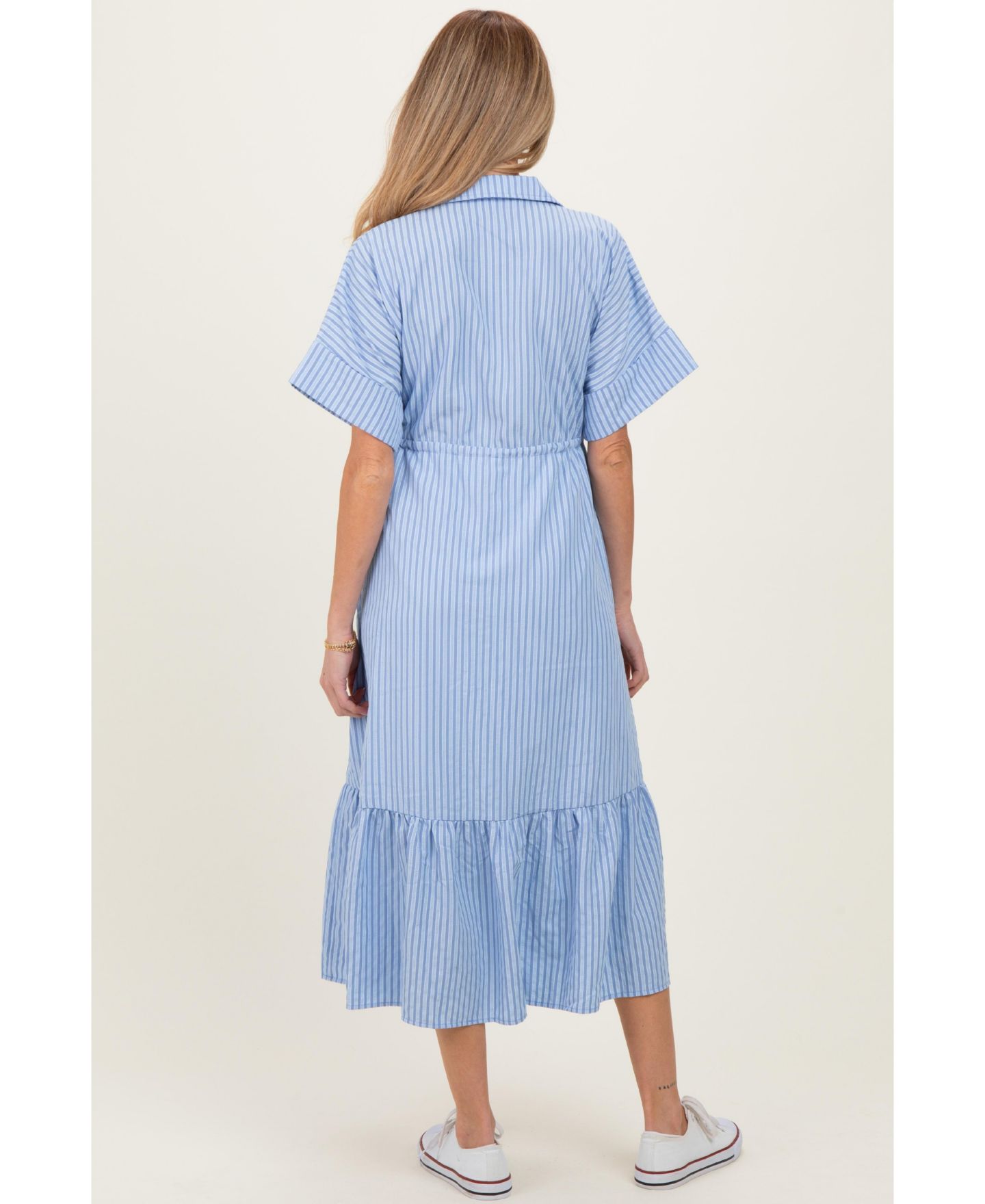 Женское платье Pinkblush Light Blue Striped Button Collared Midi, цвет: Светлый синий — фото 4