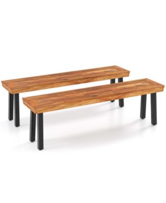 Outdoor Acacia Wood Benches Set of 2 with Slatted Top and Flared Metal Legs