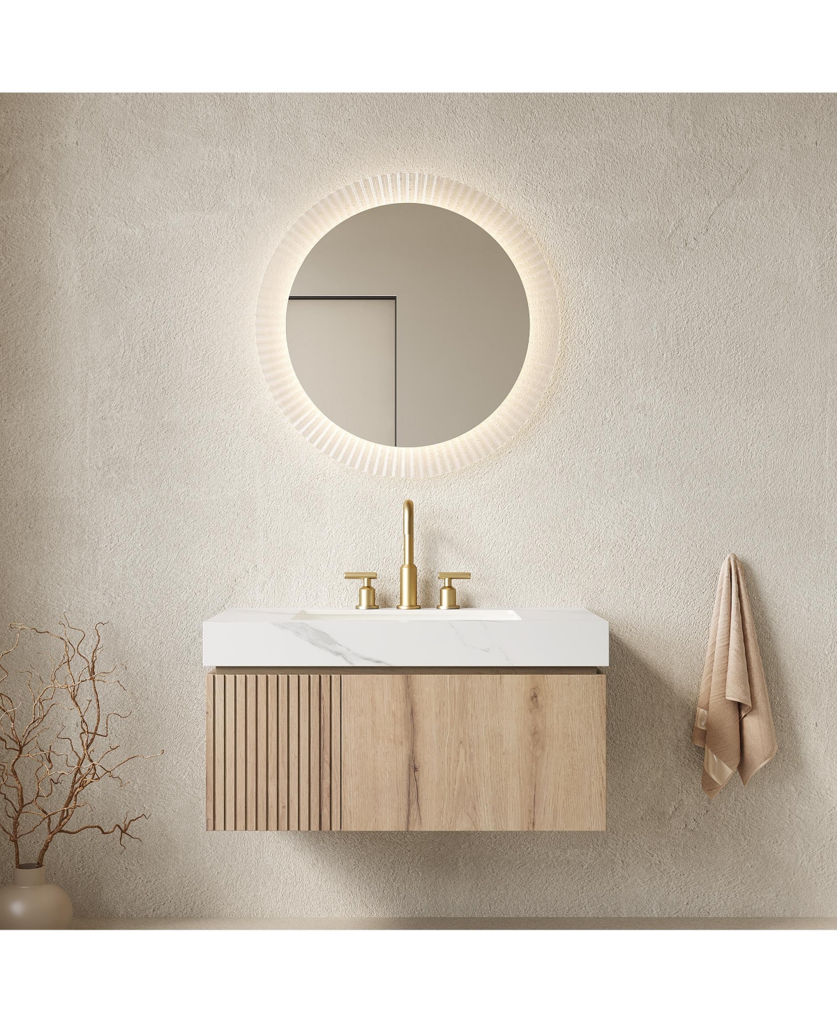 Busdays 36" floating bathroom vanity with sink, plywood cabinet, drawer and door, Carrara white sintered stone top, ceramic basin, pre assembled