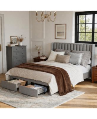 Velvet Wingback Platform Bed with 2 Storage Drawers Upholstered Bed Frame, Wooden Slats, No Box Spring Needed, Easy Assembly