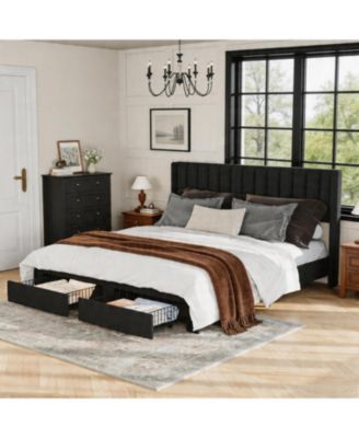 Velvet Wingback Platform Bed with 2 Storage Drawers Upholstered Bed Frame, Wooden Slats, No Box Spring Needed, Easy Assembly