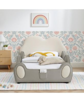 Twin Cute Cloud Floor Bed Frame, with Safety Guardrails Floor Beds and Bed-End Storage Pocket, Shape PU Leather Kids Bed, for 3+ Kids