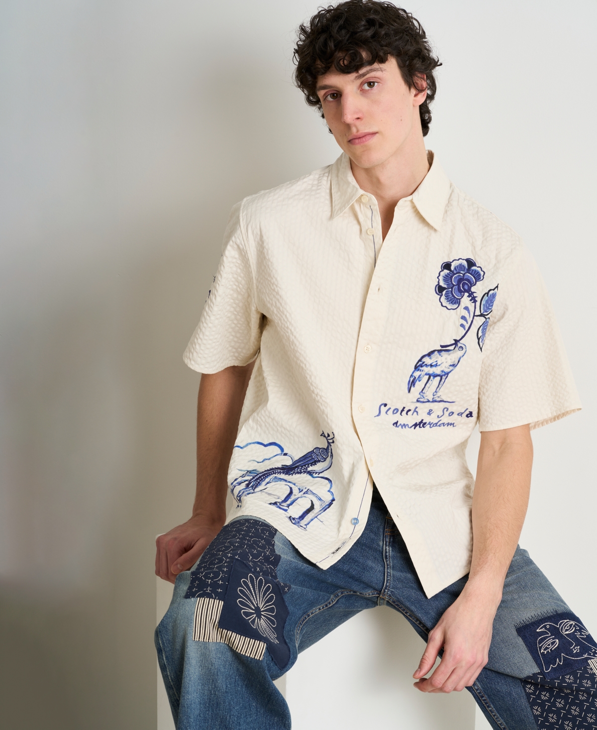 Scotch & Soda Men's Delfts Blauw Artwork Camp Collar Shirt