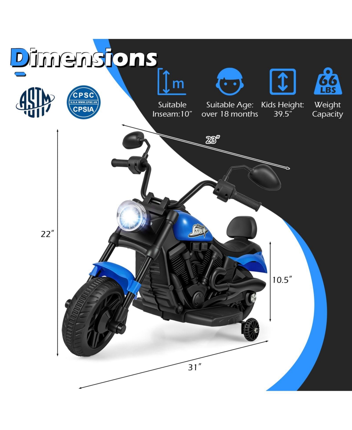 Mecale 6V Kids Motorcycle with Headlight and Music and Training Wheels-Navy