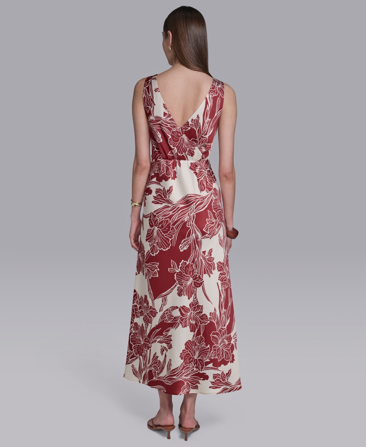 Halston Women's Sleeveless Hibiscus Printed V-Neck Maxi Dress