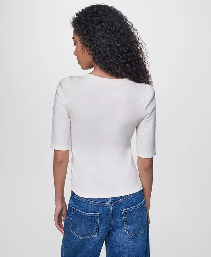 Women's Asymmetric Hemline Puff Elbow-Sleeve Top - thumbnail 5