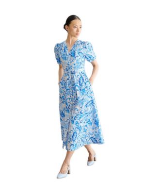 hobbs blue dress London Women's Libby Short Sleeve V-Neck Midi rich fabric