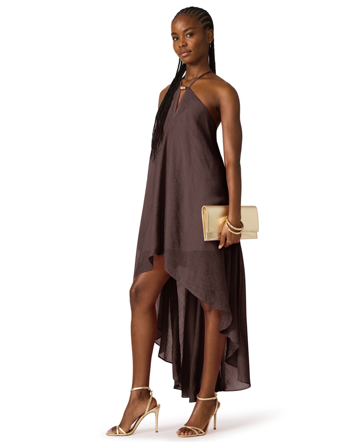 Женское платье Steve Madden Halter Neck Sleeveless High-Low Asymmetric, цвет: Коричневый — фото 2