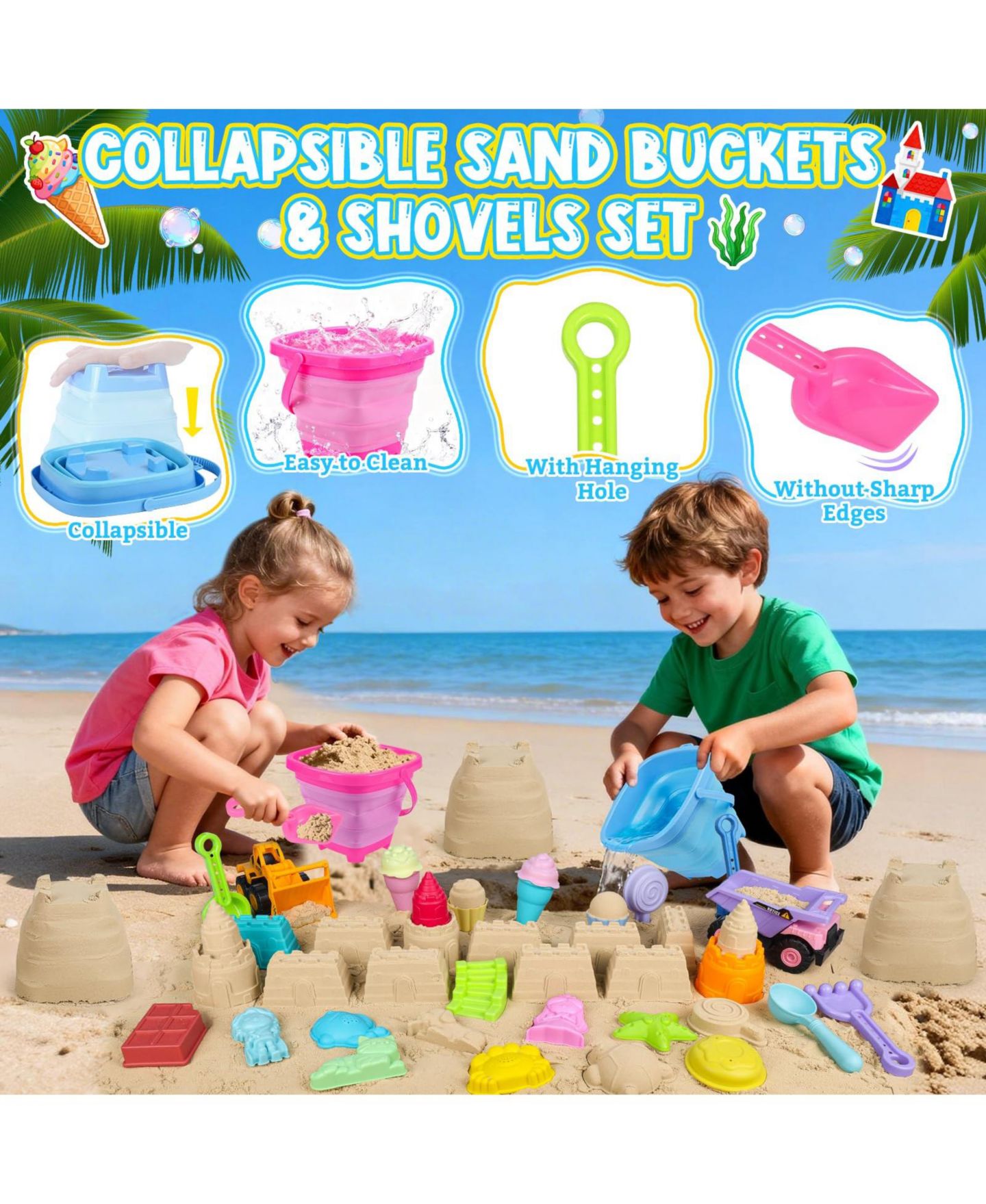 Детские игрушки GNUADZ 36-Piece Sand Castle Building Kit Beach Toy Set, Ages 3-12, цвет: Разноцветный — фото 3