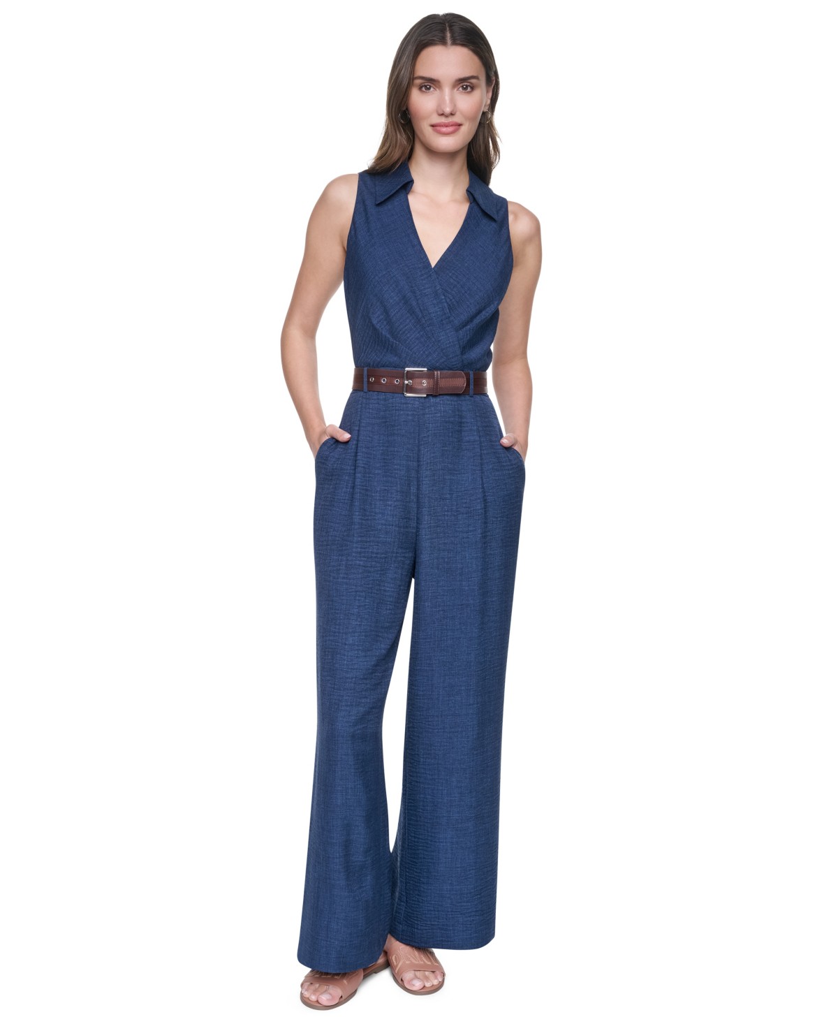 Женские DKNY Women's Collared Sleeveless Belted Jumpsuit — фото 1