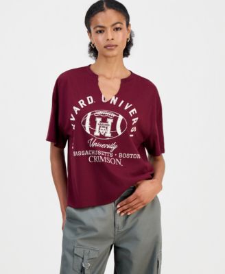 Juniors' Harvard Notched-Neck Graphic T-Shirt