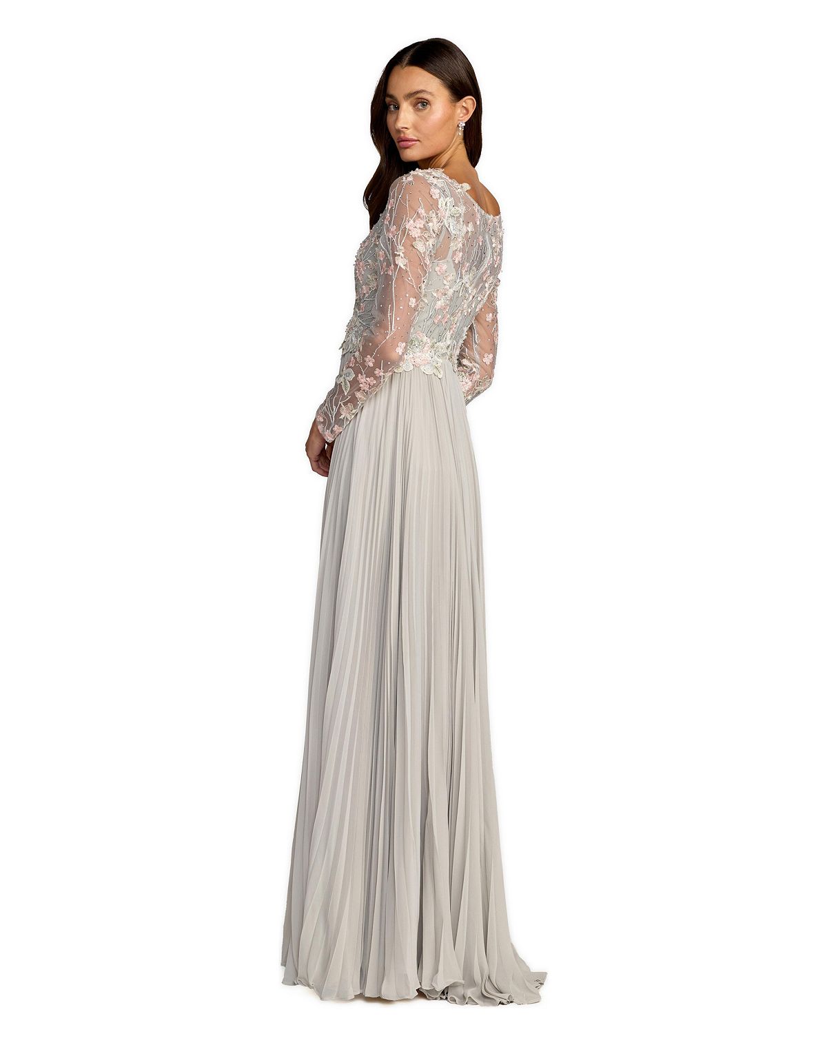 Mac Duggal Women's Embroidered Long Sleeve V Neck Pleated Gown view 2 — MAYCSS fashion products