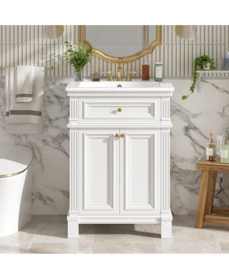 24 Inch Vintage Blue Bathroom Vanity with Ceramic Sink, Adjustable Shelf, Soft Close Doors, Open Back Easy Install
