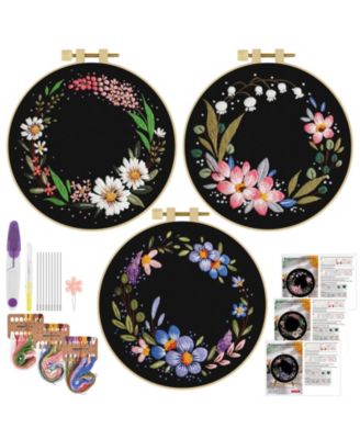 3 Sets Embroidery Kit Floral Cross Stitch Hoops Threads Craft Lover Hand Garlands