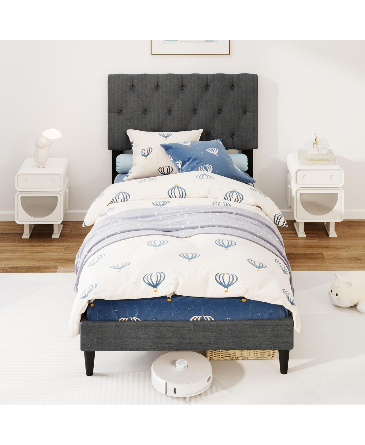 Slickblue Platform Bed Frame with Upholstered Tufted Headboard and Slats