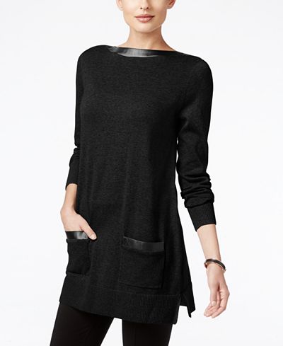 Jeanne Pierre Faux-Leather-Trim Tunic Sweater