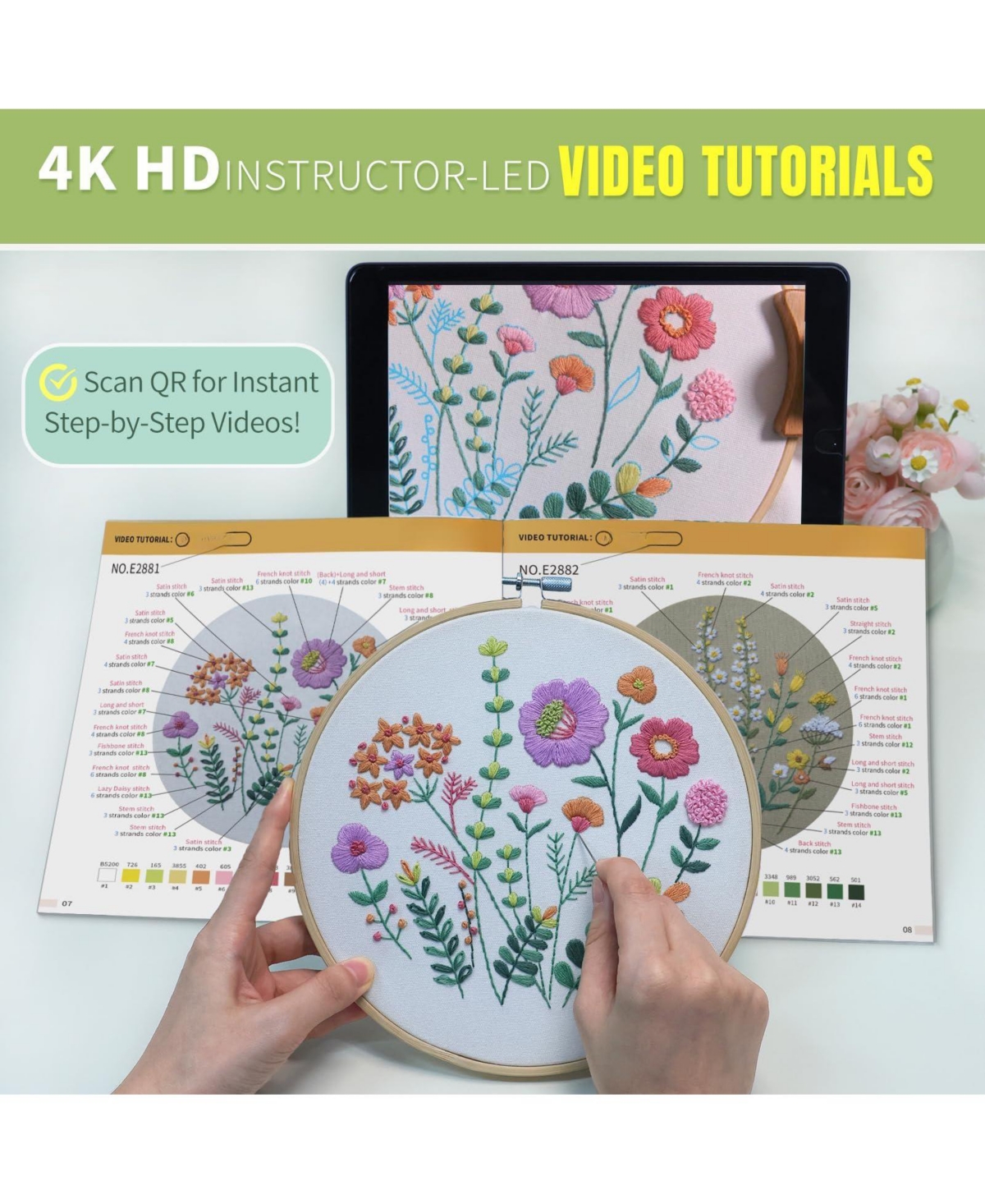 Gnuadz 3-pack Embroidery Kit Adult Floral Stitch Video Tutorial Guide Gift