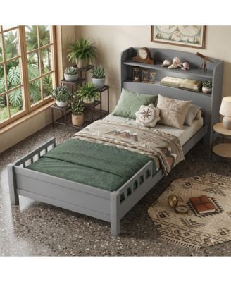 Twin Pine Wood Bed with  Bookcase Headboard ,LED Motion Sensor Light,  Guardrails