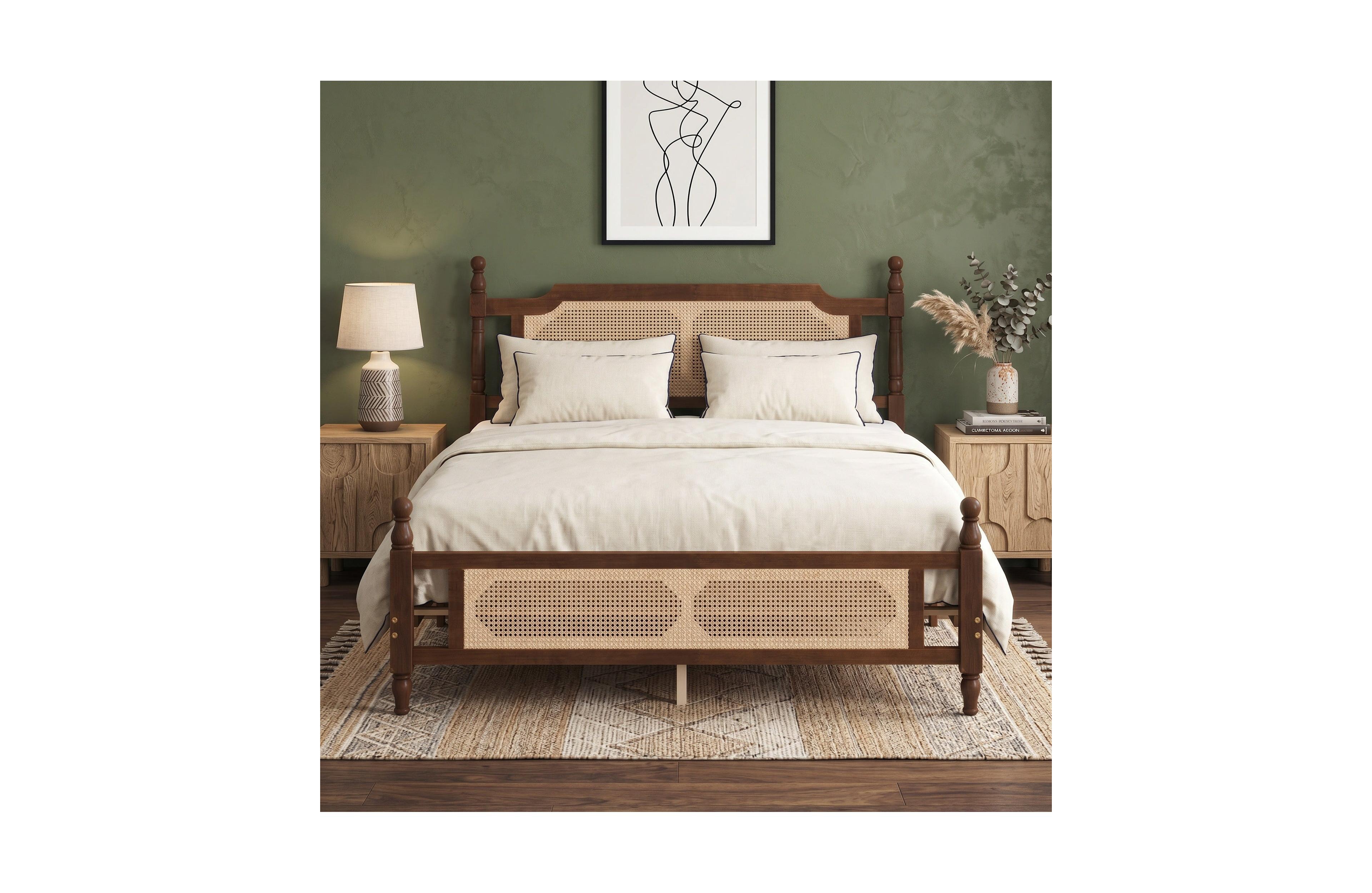 Sailvan Queen Pine wooden Bed with Rattan Headboard and Footboard, Central Enhanced Bed Platform
