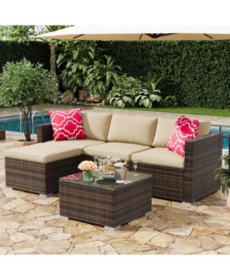 5 Piece Outdoor Convertible Sectional Set with Ottoman and Tempered Glass Table, PE Rattan Conversation Seating