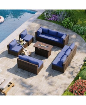 12-Piece Outdoor Brown Wicker Patio Conversation Set with 44" Propane Fire Pit Table and NavyBlue Cushions