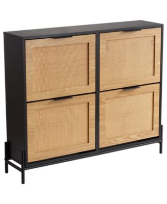 Rattan Shoe Cabinet, Narrow 4 Flip Drawers, Slim Storage for Entryway