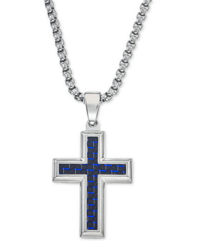 Esquire Men's Jewelry Pendant Necklace in Navy Blue Carbon Fiber Cross,Tungsten Carbide and Stainless Steel, Only at Macy's